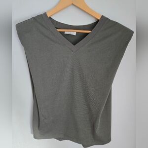 New BABATON V-Neck Sage Green Cotton Top With Shoulder Pad